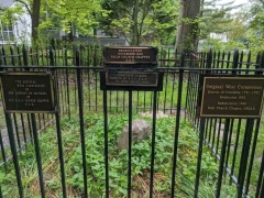 Andrew Ellicott Park West Cornerstone behind black fencing in a grassy, tree-lined around with houses in the background. Three signs posted state: 1) The original west cornerstone, District of Columbia 1791-1792. Dedication 1952. Rededication 1989 Falls Church Chapter, NSDAR 2) Rededication November 2000 Falls Church Chapter D.A.R 3) The Original West Cornerstone of the District of Columbia by The Falls Church Chapter D.A.R.