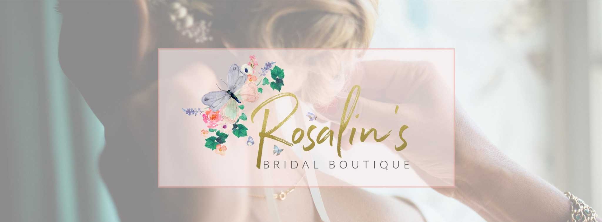Rosalin's Bridal Boutique full color logo on top of a photo of a woman's head with hands pinning a ribbon