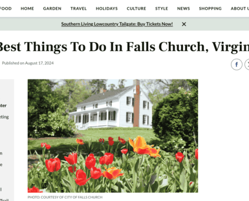 Cherry Hill Farmhouse with flowers in foreground. The 15 Best Things To Do In Falls Church, Virginia story in Southern Living Magazine.